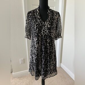 DKNY Black and Cream Printed Tie-Neck Dress